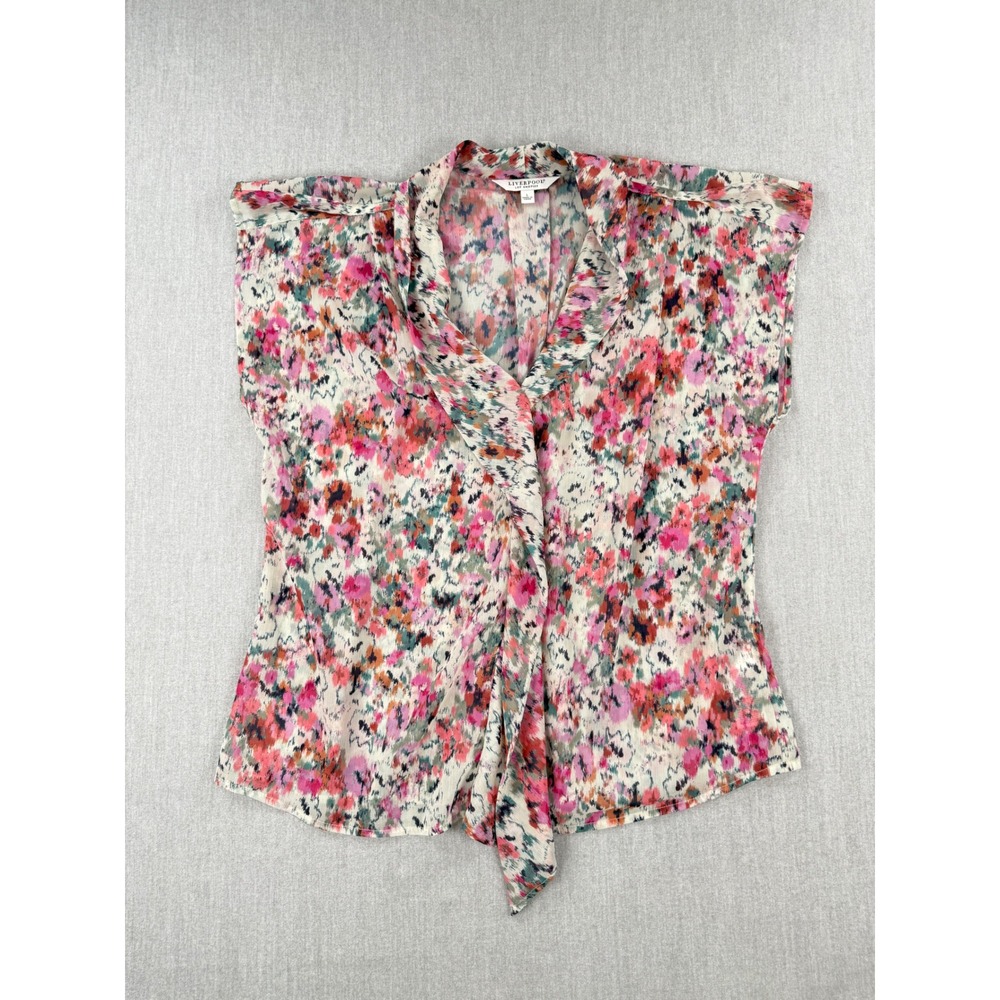 Liverpool Los Angeles Pink Floral Draped V-Neck Tie Front Blouse Womens Large